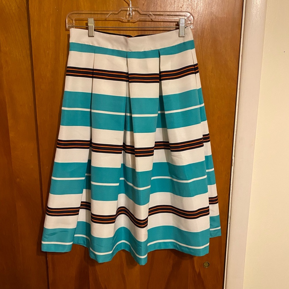 New York & Company Women’s (4) Turquoise /White Striped Box Pleated A-Line Skirt